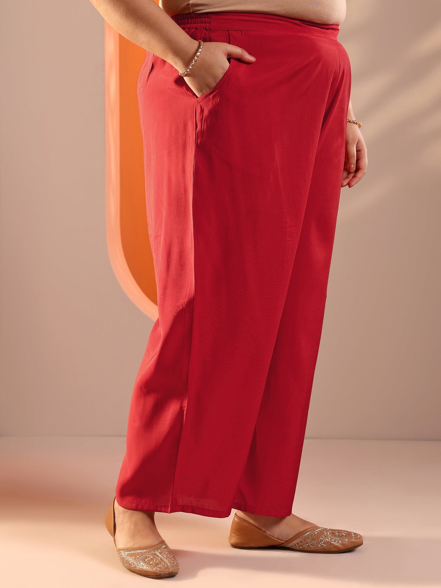 Plus Size Red Printed Silk Blend Straight Suit Set With Dupatta