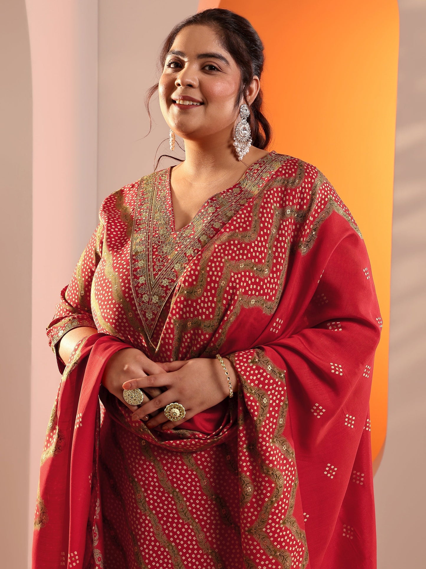 Plus Size Red Printed Silk Blend Straight Suit Set With Dupatta