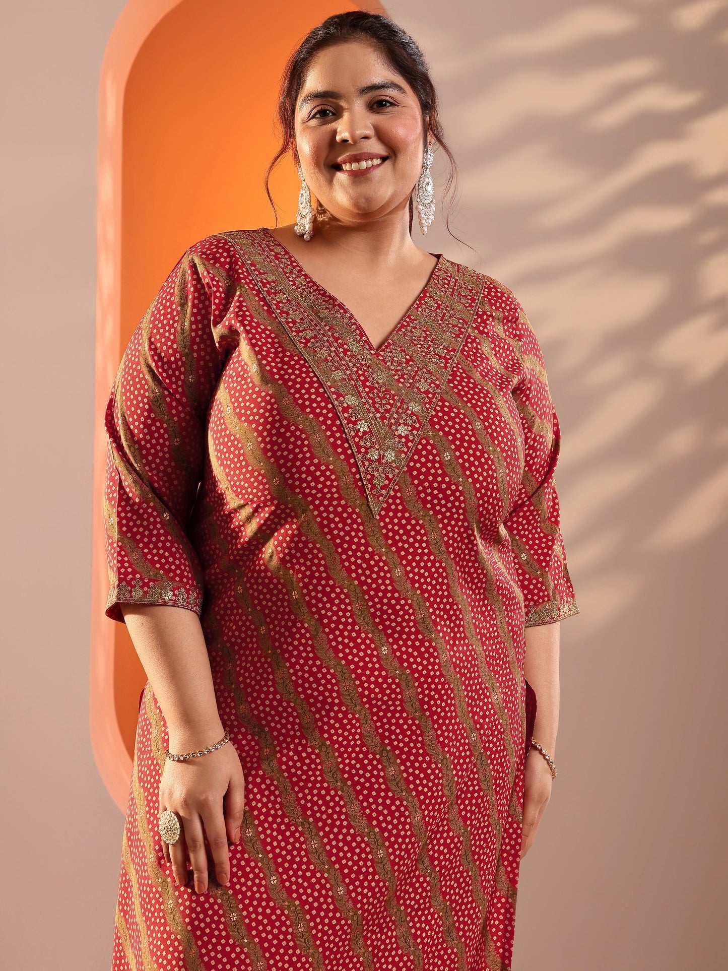 Plus Size Red Printed Silk Blend Straight Suit Set With Dupatta