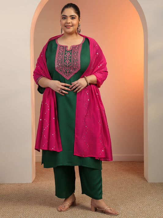 Plus Size Green Woven Design Rayon Straight Suit Set With Dupatta