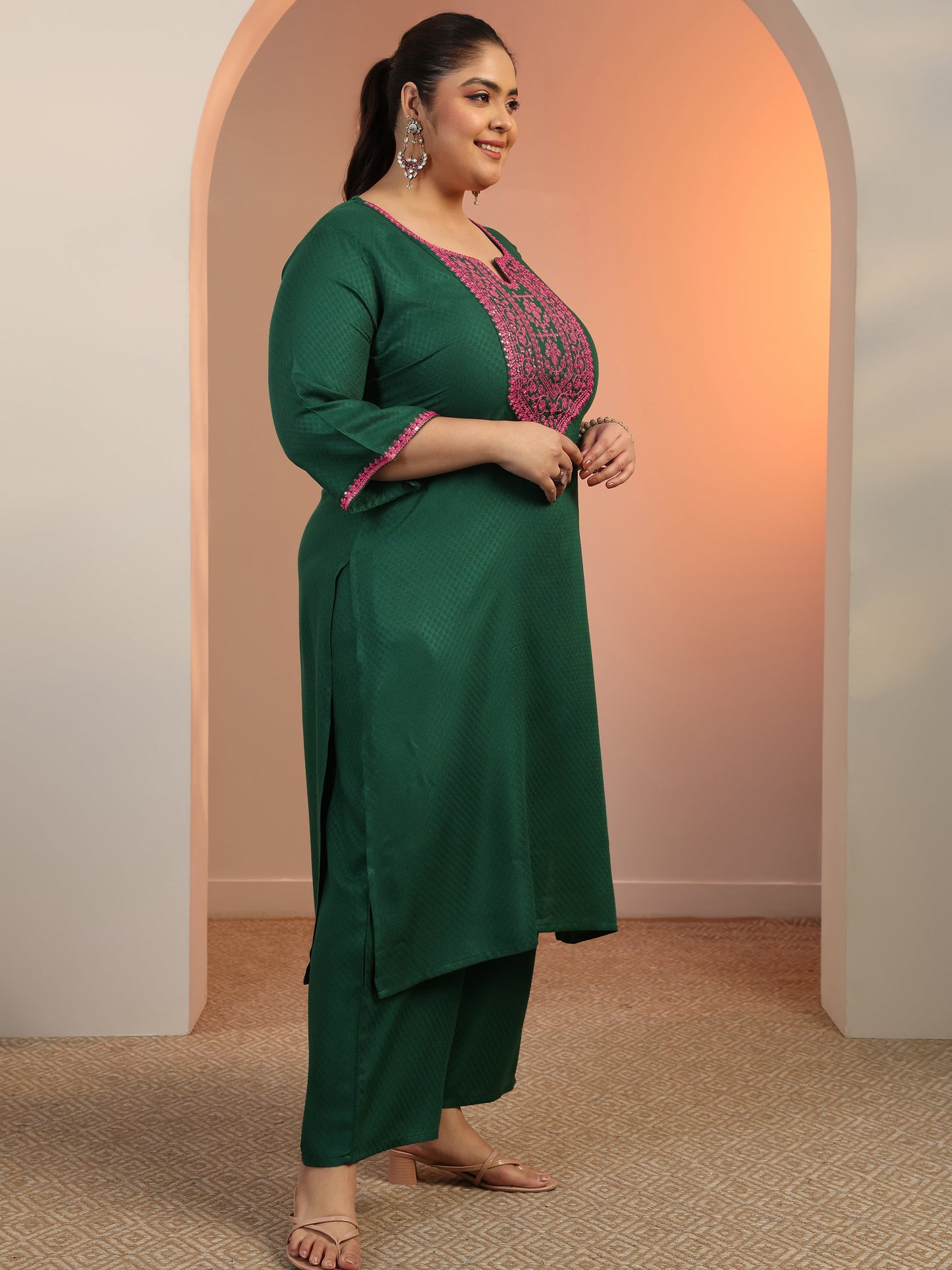 Plus Size Green Woven Design Rayon Straight Suit Set With Dupatta