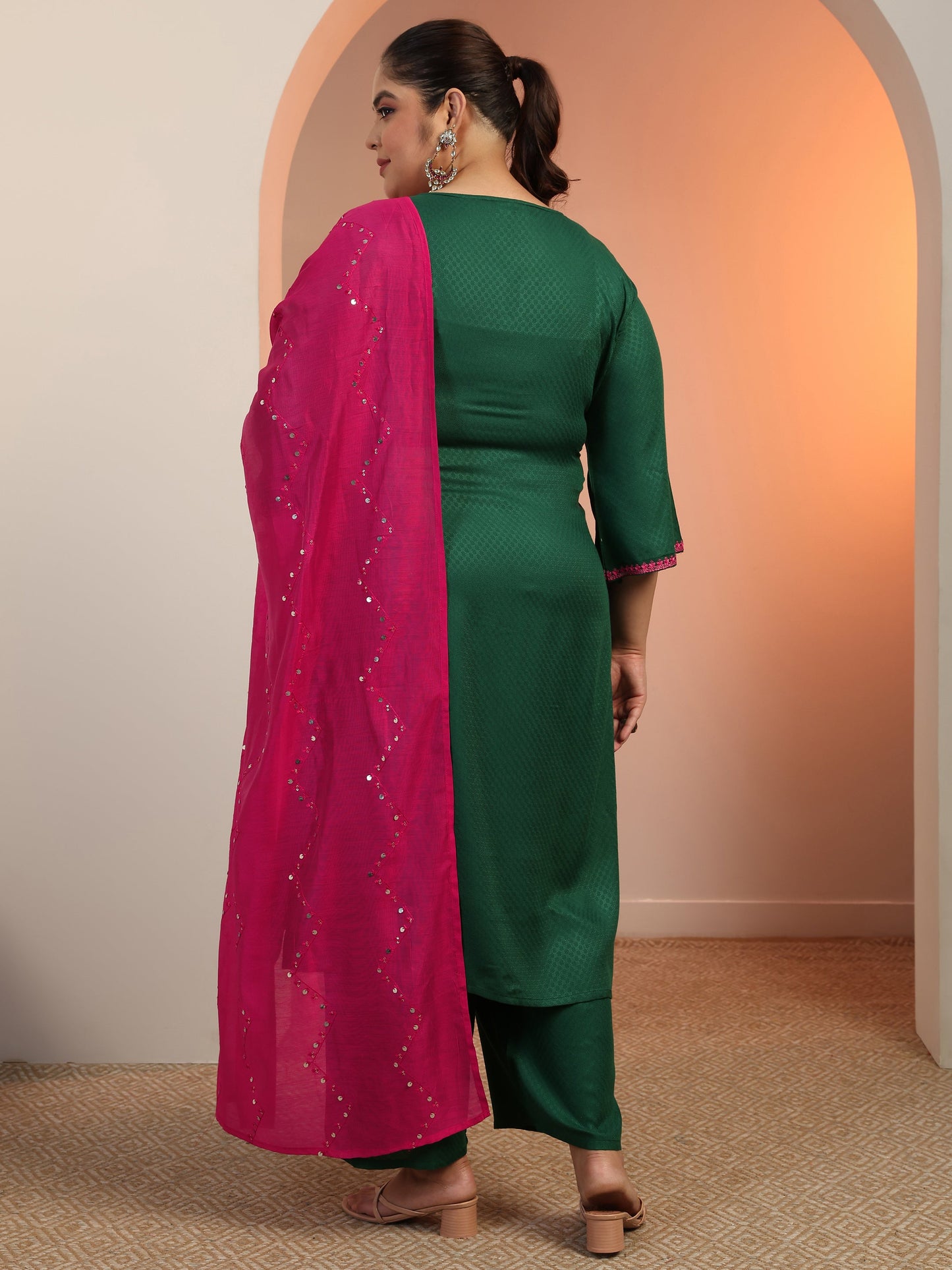 Plus Size Green Woven Design Rayon Straight Suit Set With Dupatta