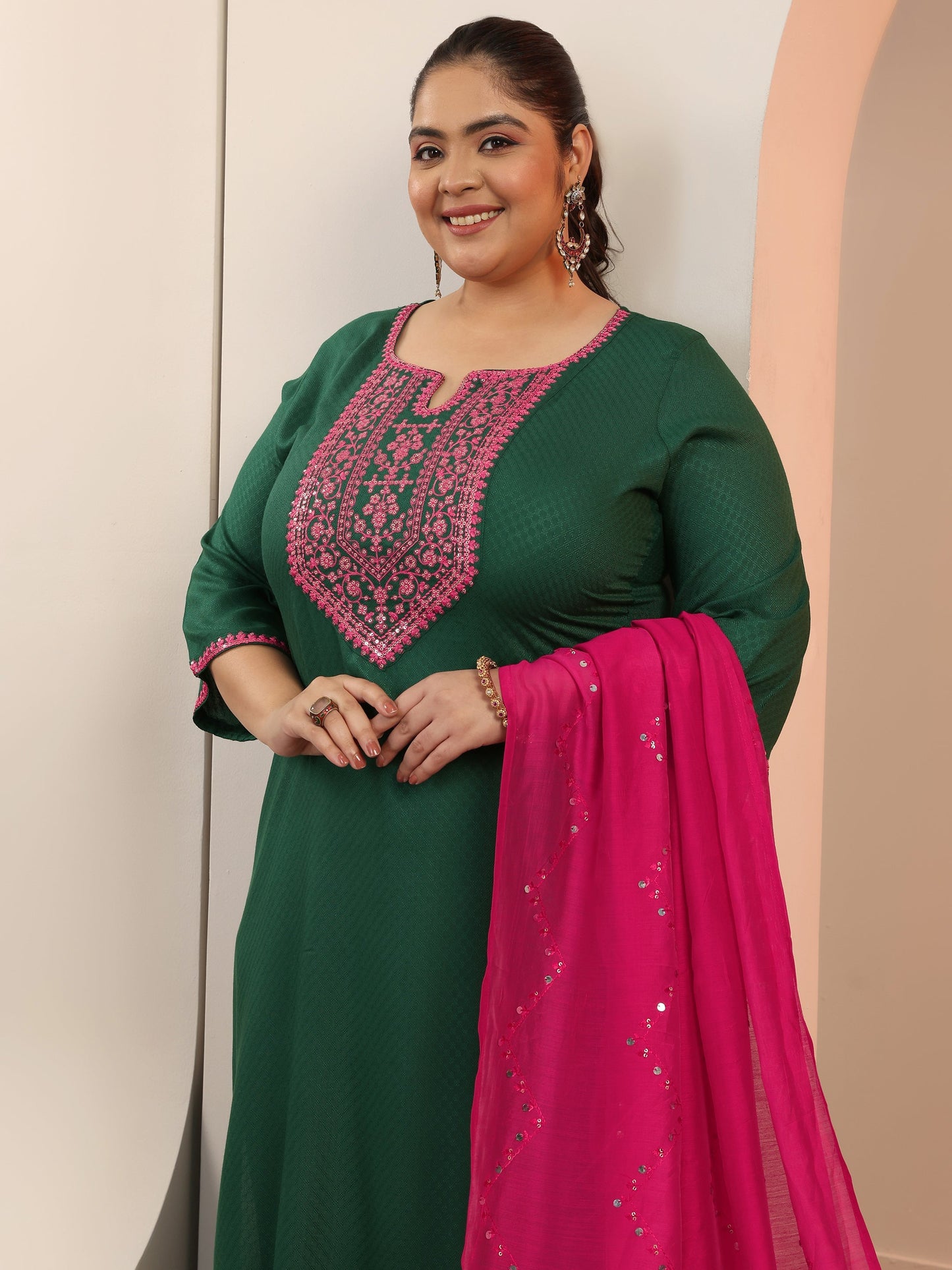 Plus Size Green Woven Design Rayon Straight Suit Set With Dupatta