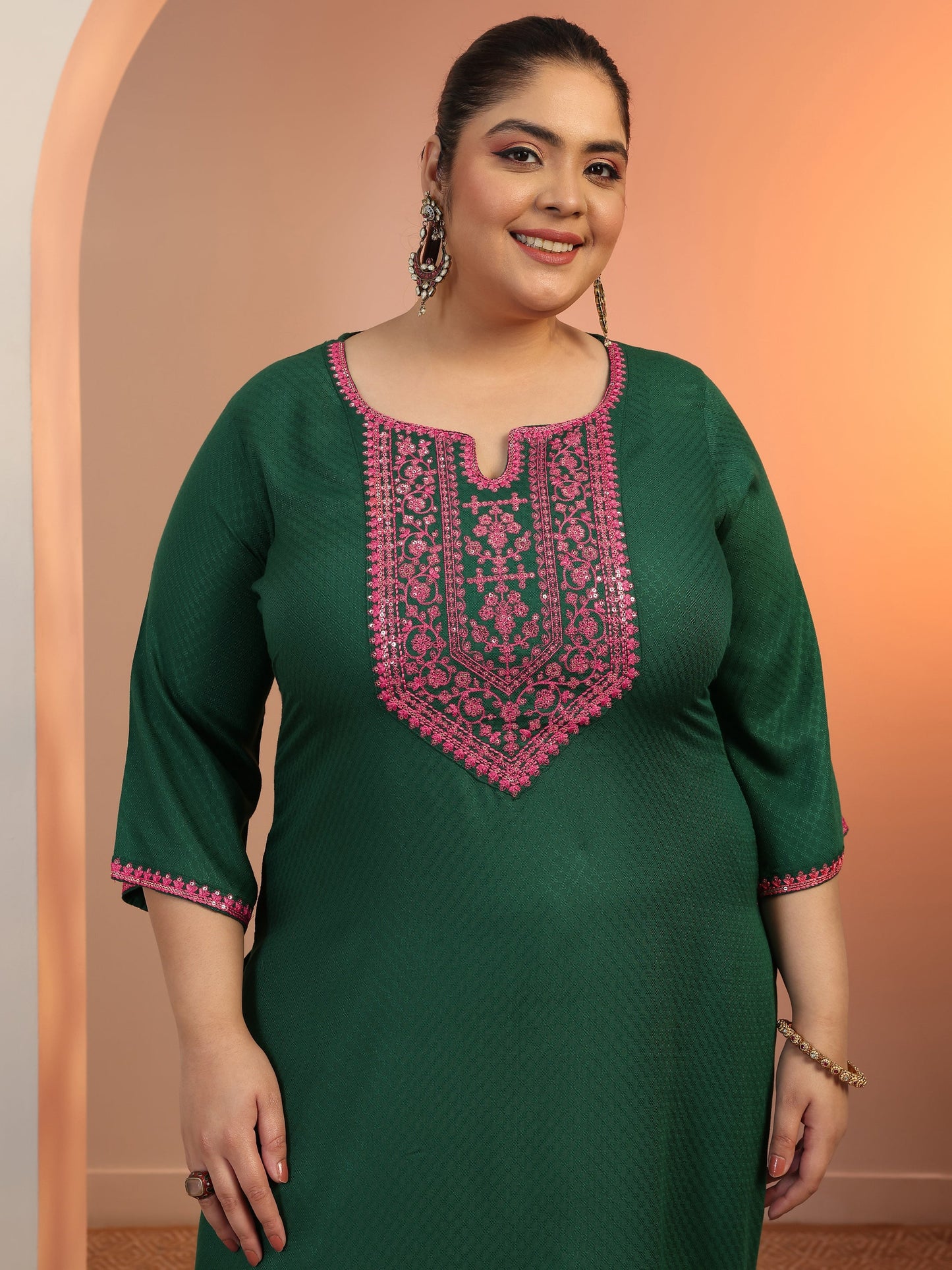 Plus Size Green Woven Design Rayon Straight Suit Set With Dupatta