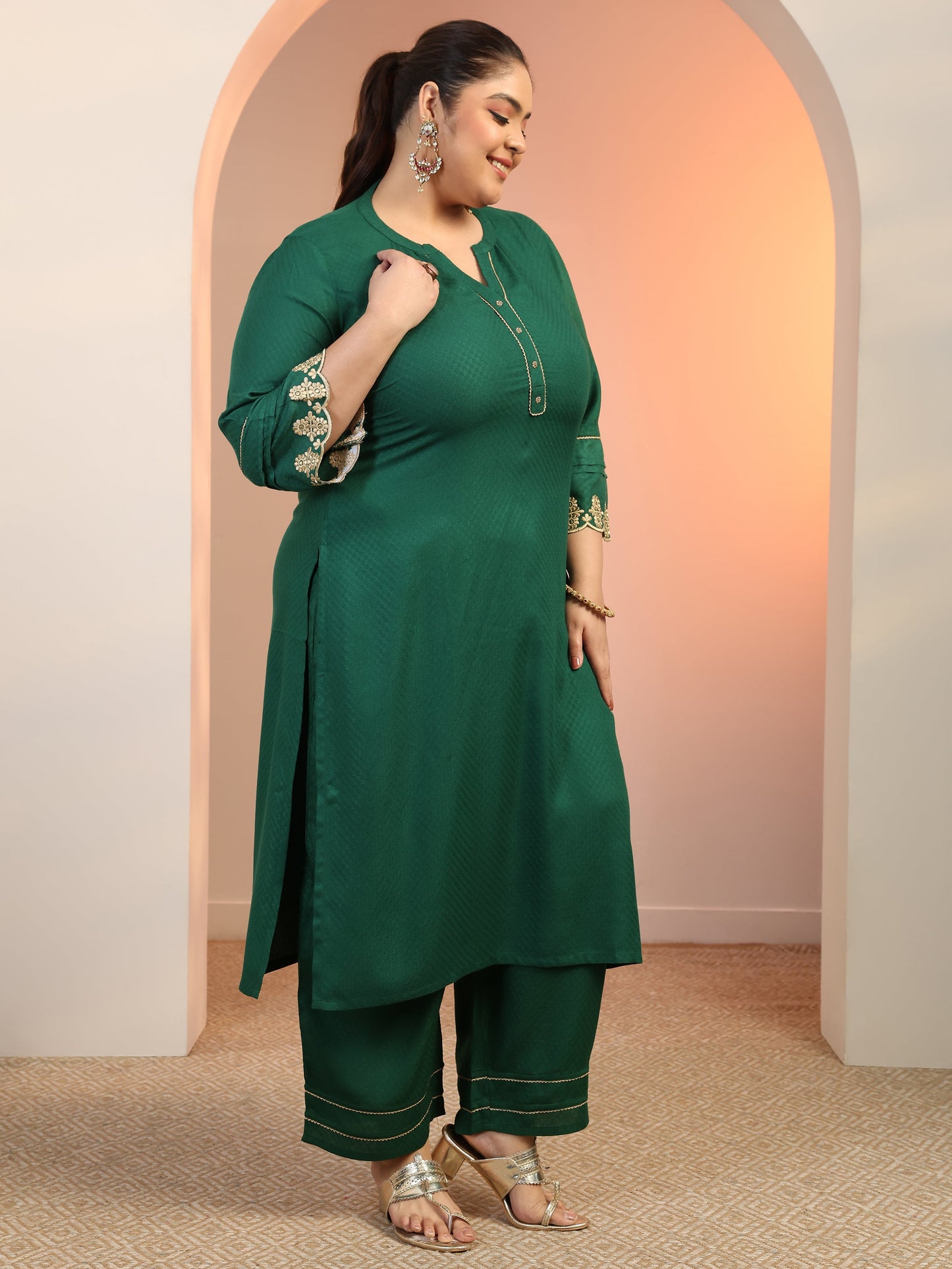 Plus Size Green Solid Rayon Straight Kurta Set