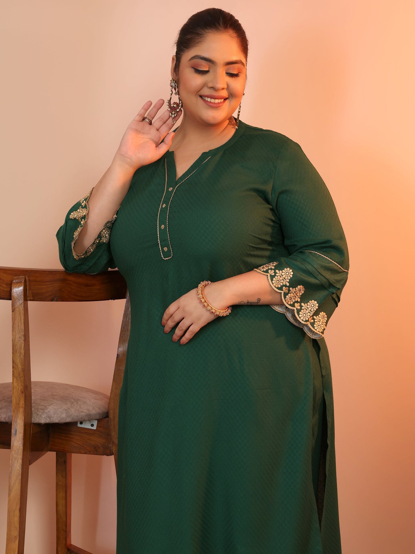 Plus Size Green Solid Rayon Straight Kurta Set