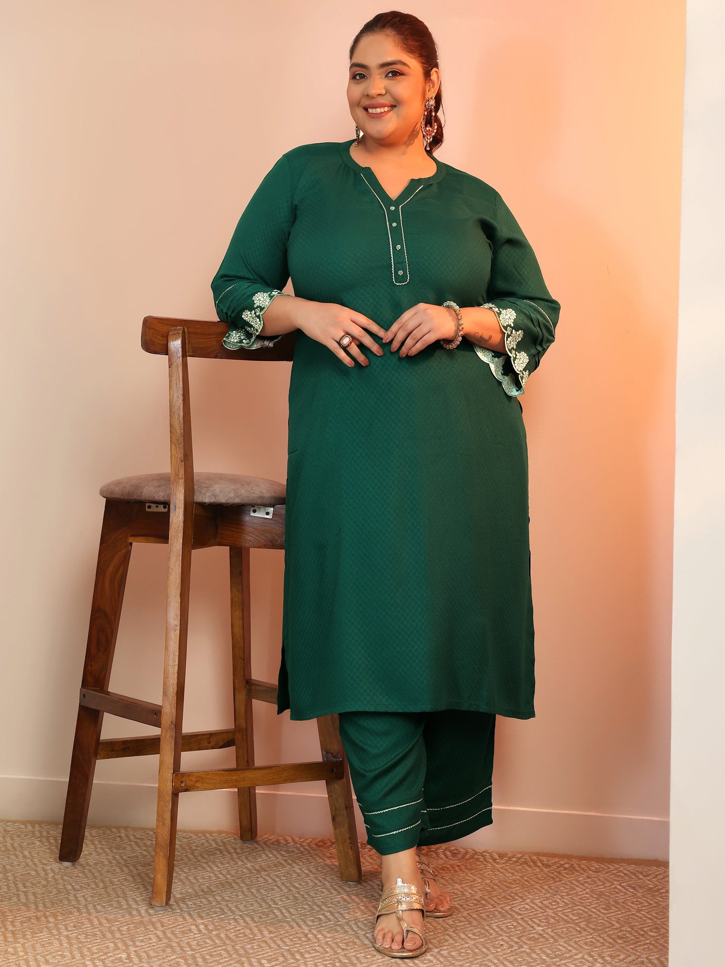 Plus Size Green Solid Rayon Straight Kurta Set