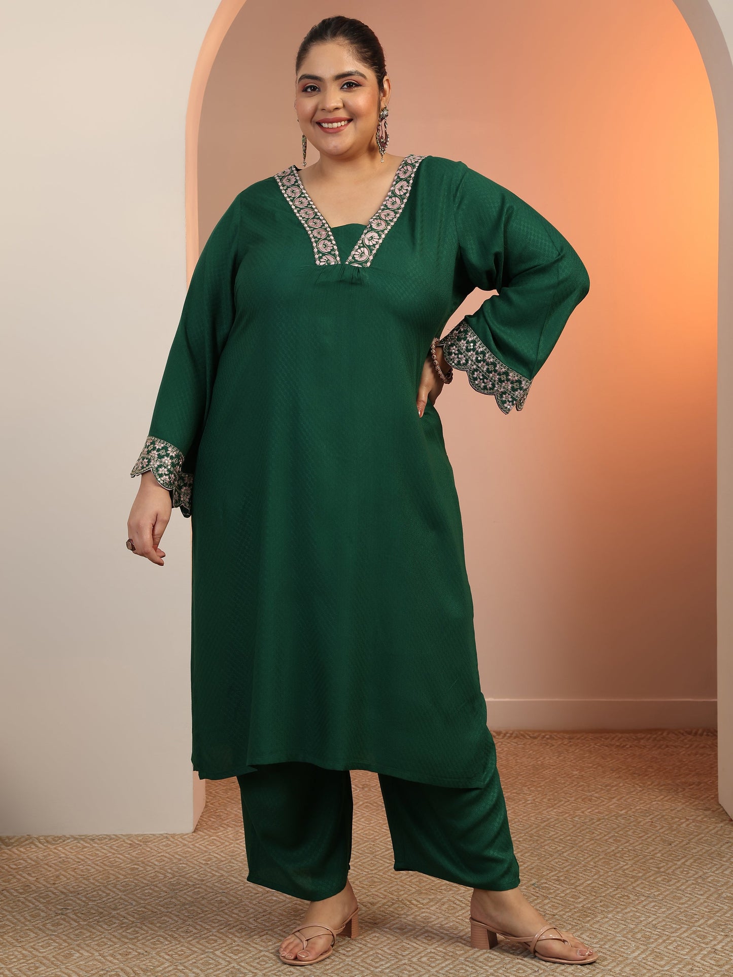 Plus Size Green Embroidered Rayon Straight Kurta Set