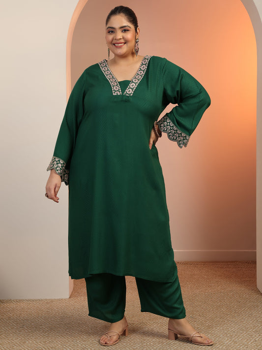 Plus Size Green Embroidered Rayon Straight Kurta Set
