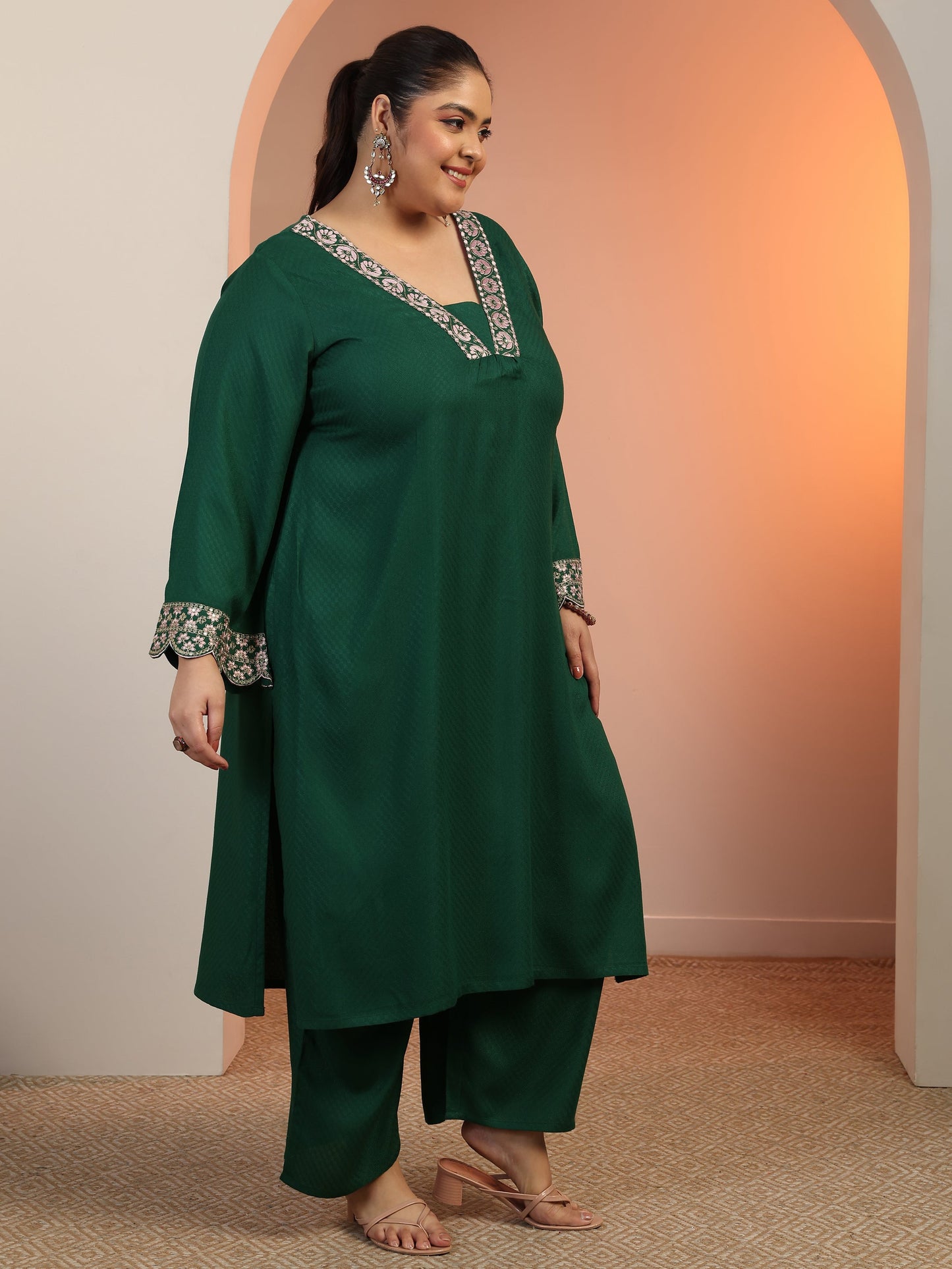 Plus Size Green Embroidered Rayon Straight Kurta Set