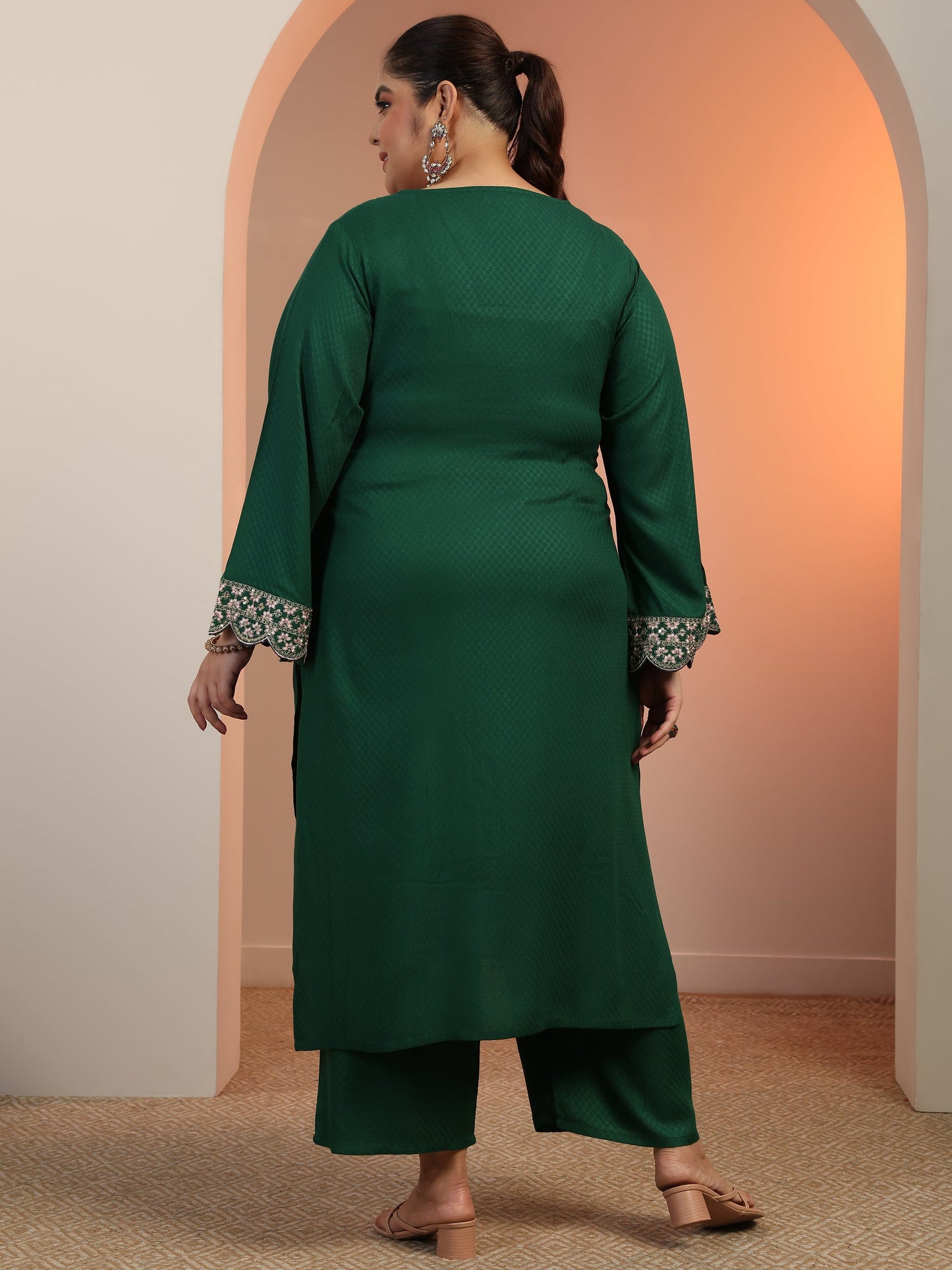 Plus Size Green Embroidered Rayon Straight Kurta Set