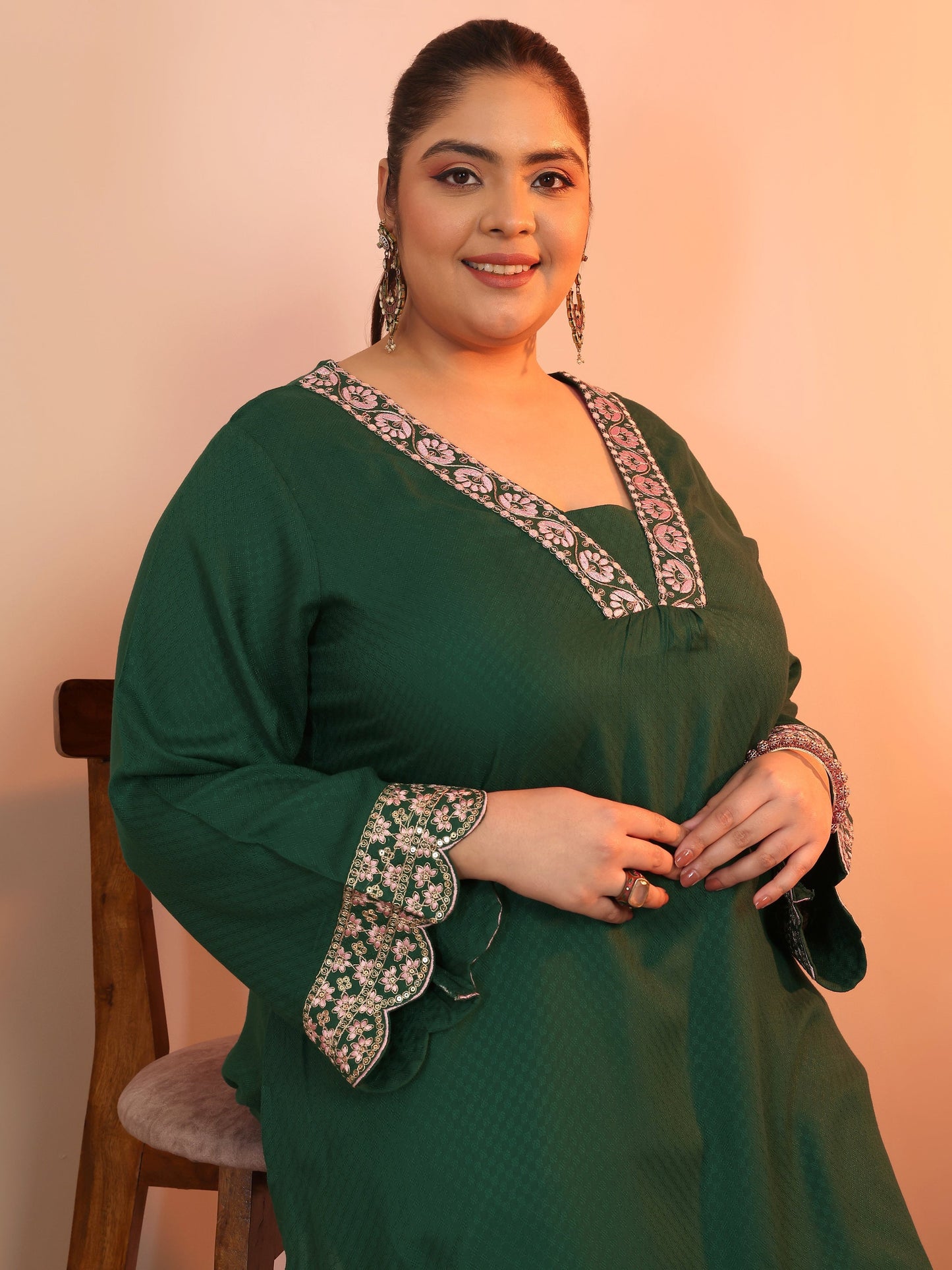 Plus Size Green Embroidered Rayon Straight Kurta Set