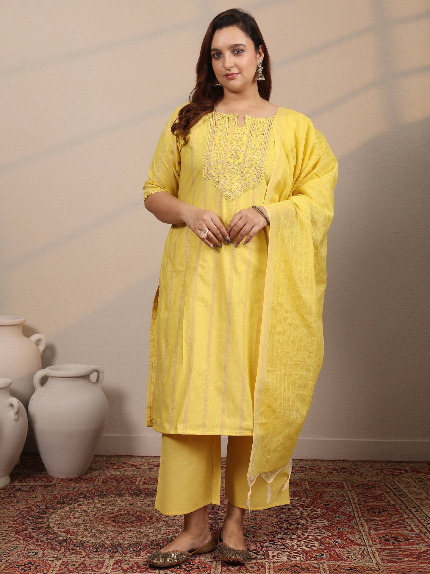 Plus Size Yellow Embroidered Cotton Blend Straight Suit Set With Dupatta