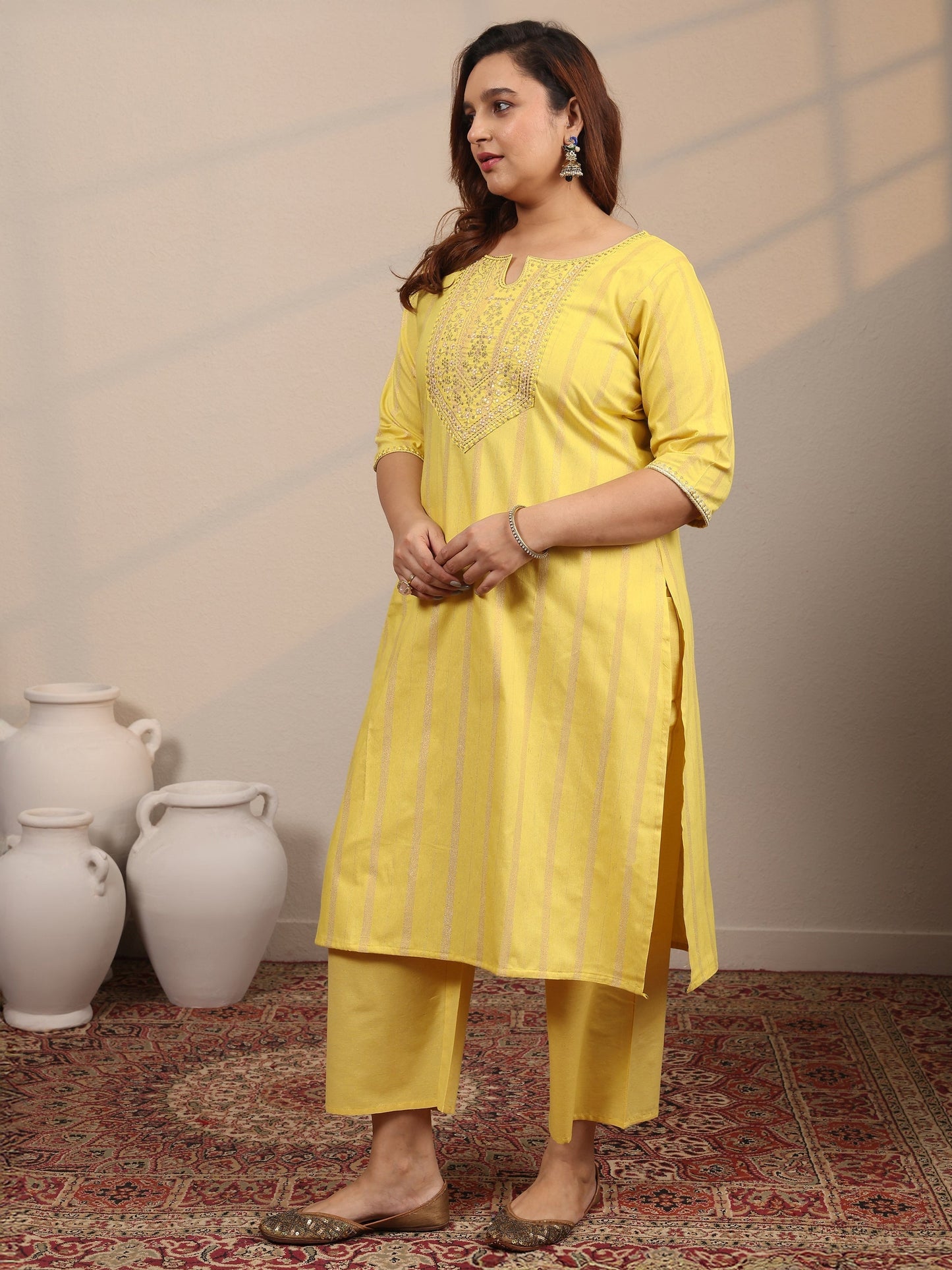 Plus Size Yellow Embroidered Cotton Blend Straight Suit Set With Dupatta