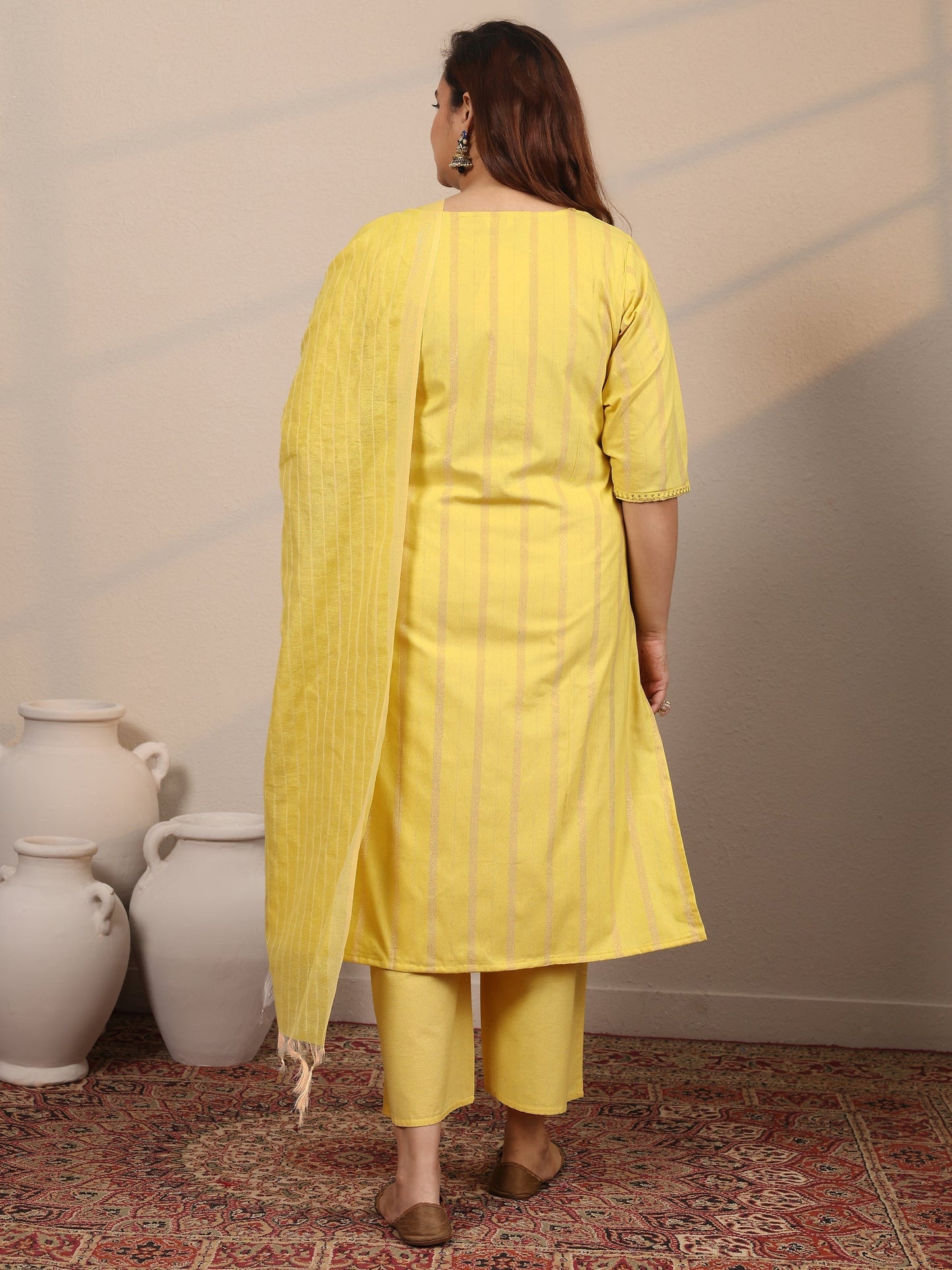 Plus Size Yellow Embroidered Cotton Blend Straight Suit Set With Dupatta