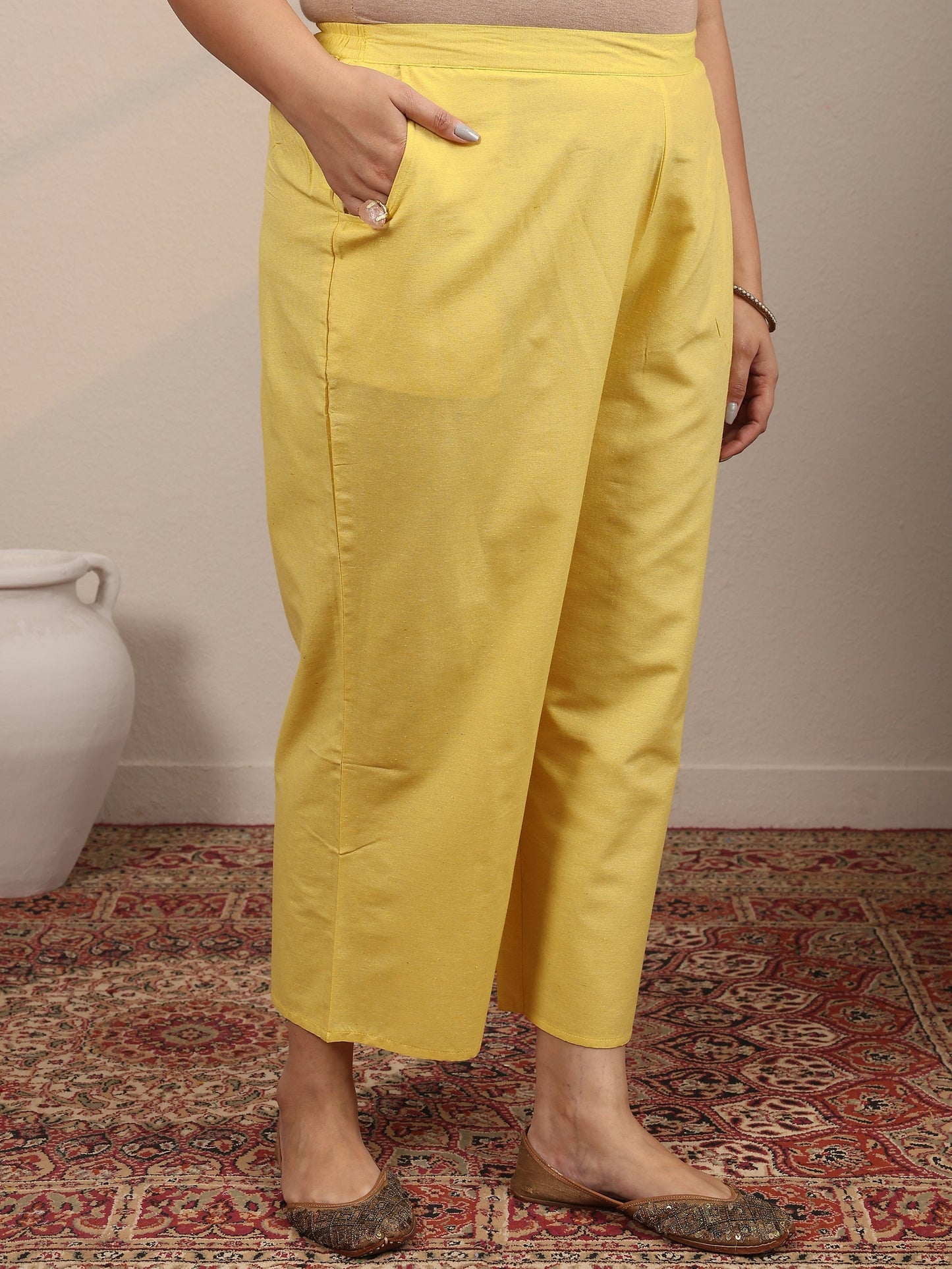 Plus Size Yellow Embroidered Cotton Blend Straight Suit Set With Dupatta