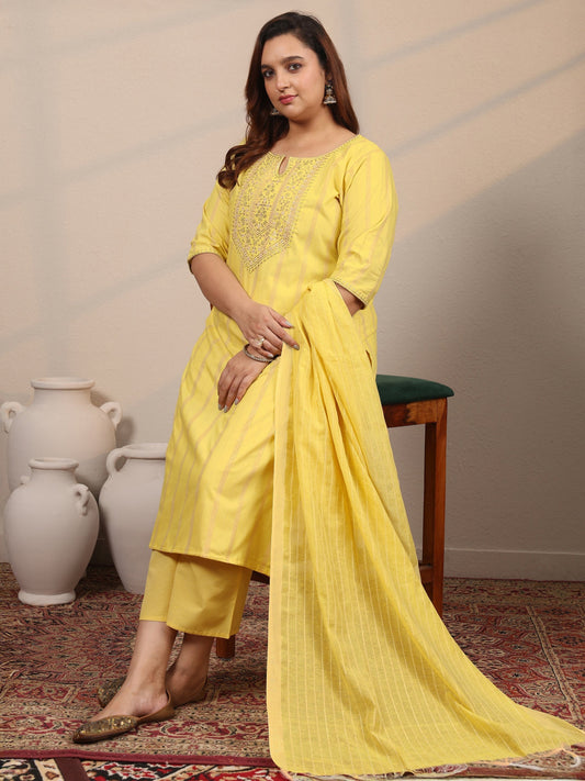 Plus Size Yellow Embroidered Cotton Blend Straight Suit Set With Dupatta