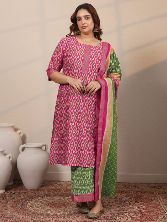 Plus Size Pink Printed Cotton Straight Suit Set With Dupatta