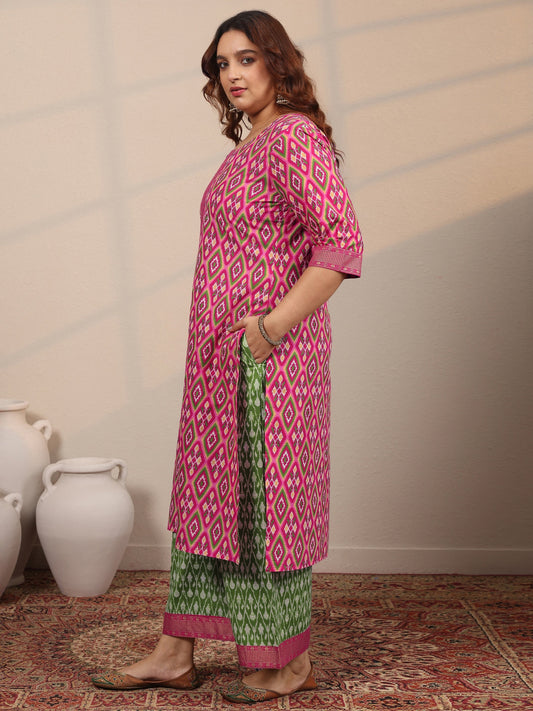 Plus Size Pink Printed Cotton Straight Suit Set With Dupatta
