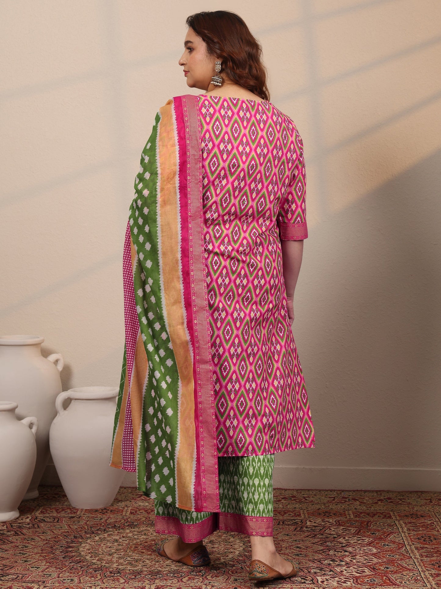 Plus Size Pink Printed Cotton Straight Suit Set With Dupatta