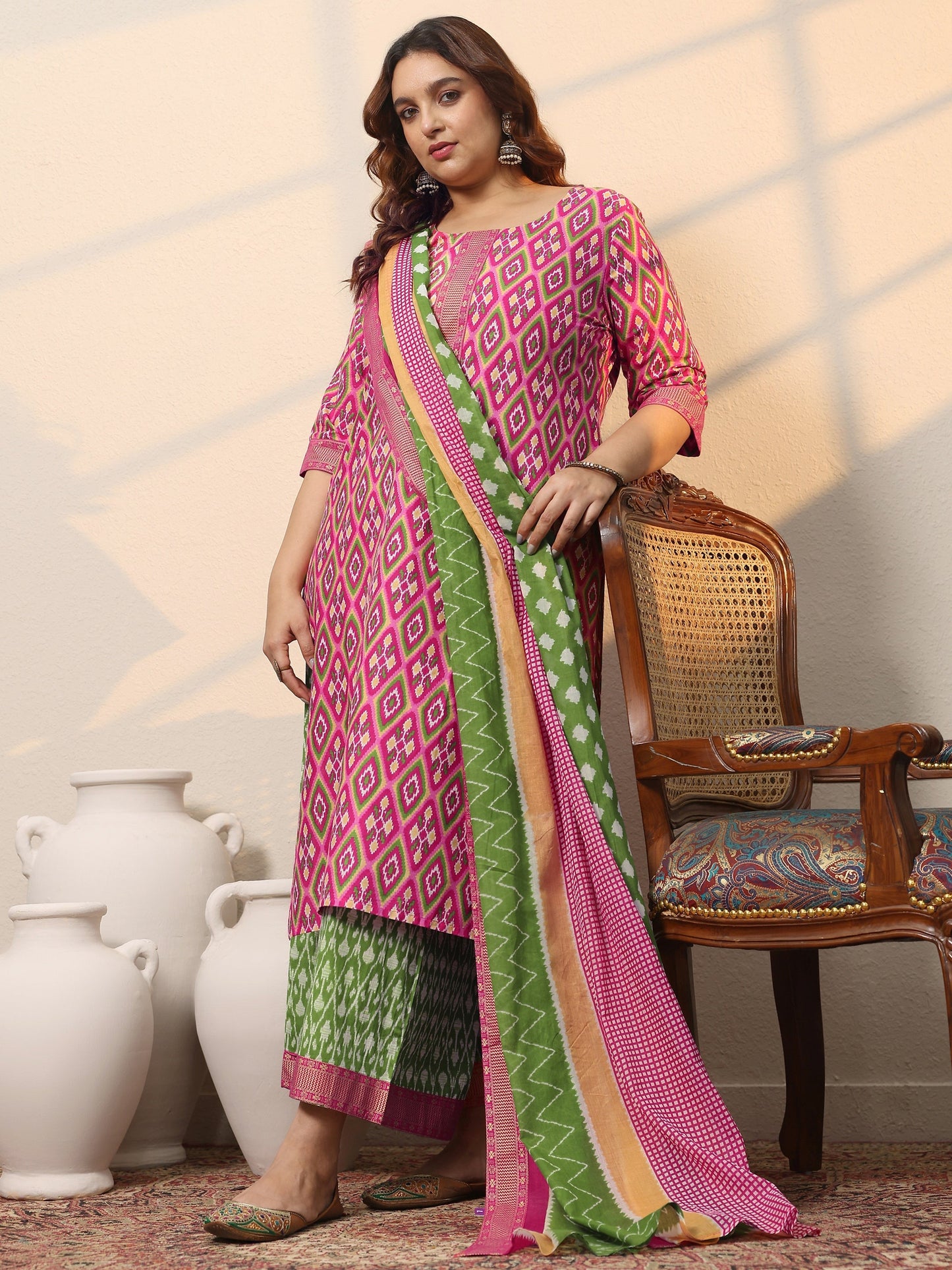 Plus Size Pink Printed Cotton Straight Suit Set With Dupatta