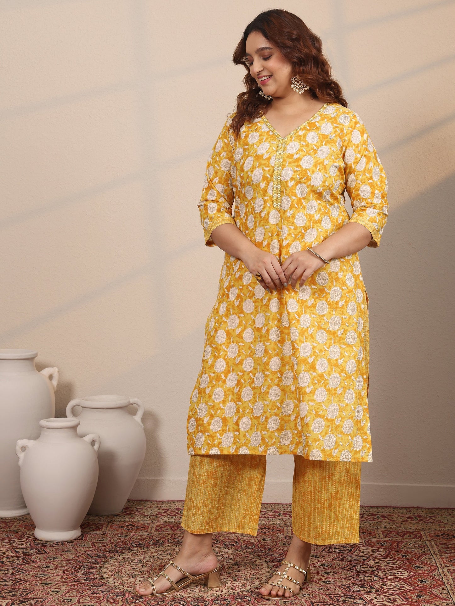 Plus Size Yellow Printed Cotton Straight Suit Set With Dupatta