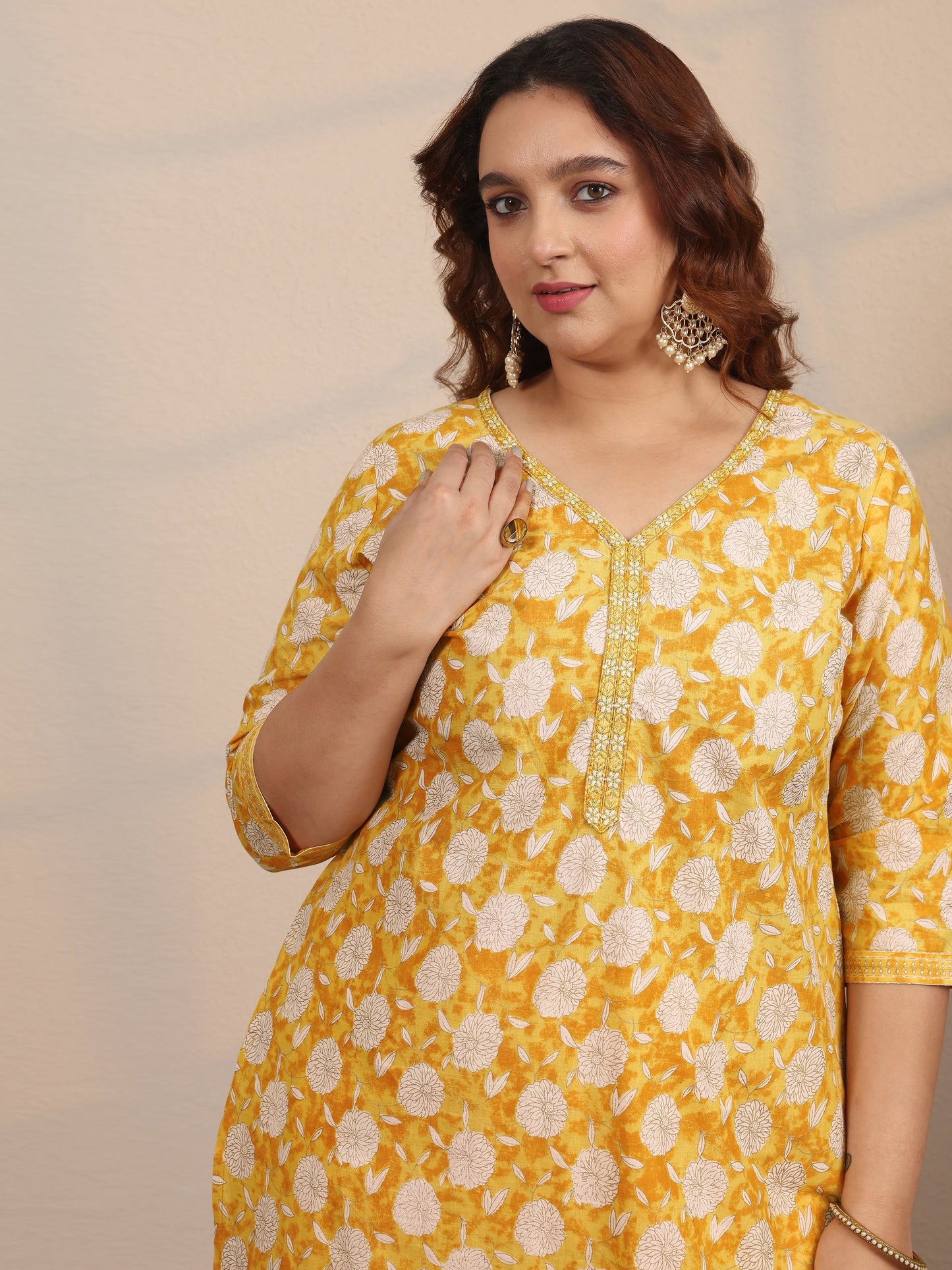 Plus Size Yellow Printed Cotton Straight Suit Set With Dupatta