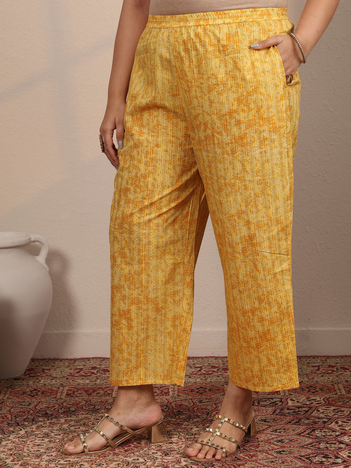 Plus Size Yellow Printed Cotton Straight Suit Set With Dupatta