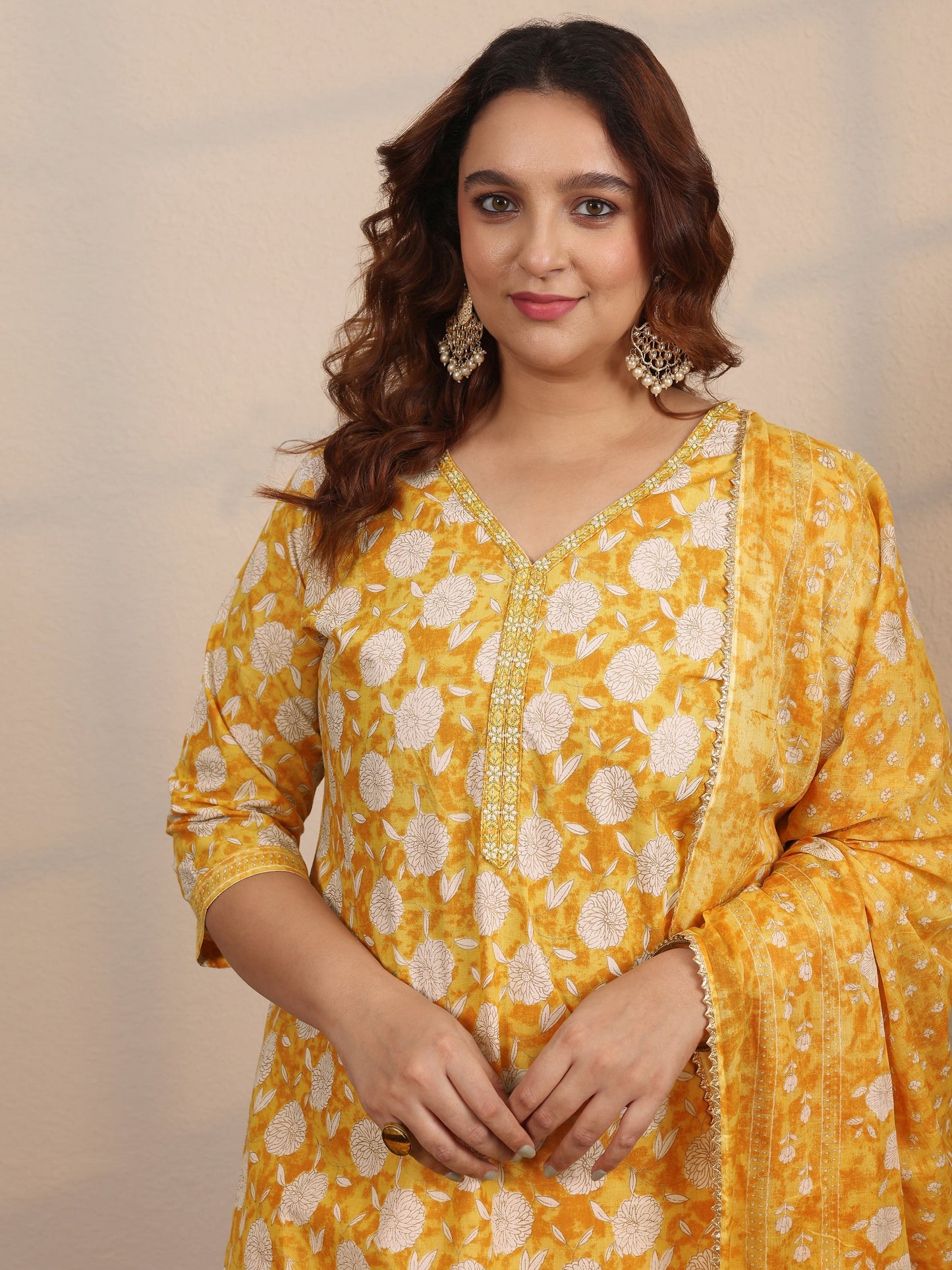 Plus Size Yellow Printed Cotton Straight Suit Set With Dupatta