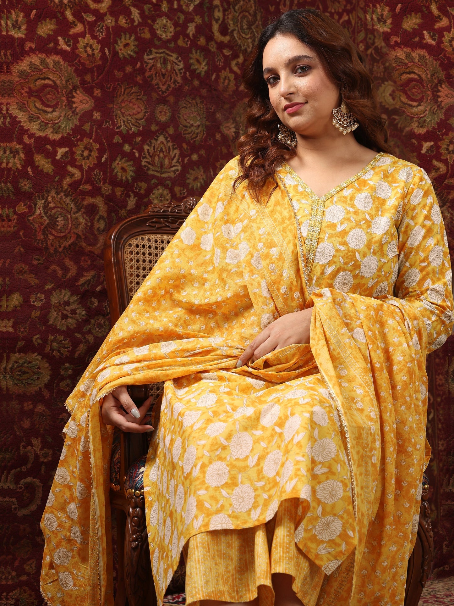 Plus Size Yellow Printed Cotton Straight Suit Set With Dupatta