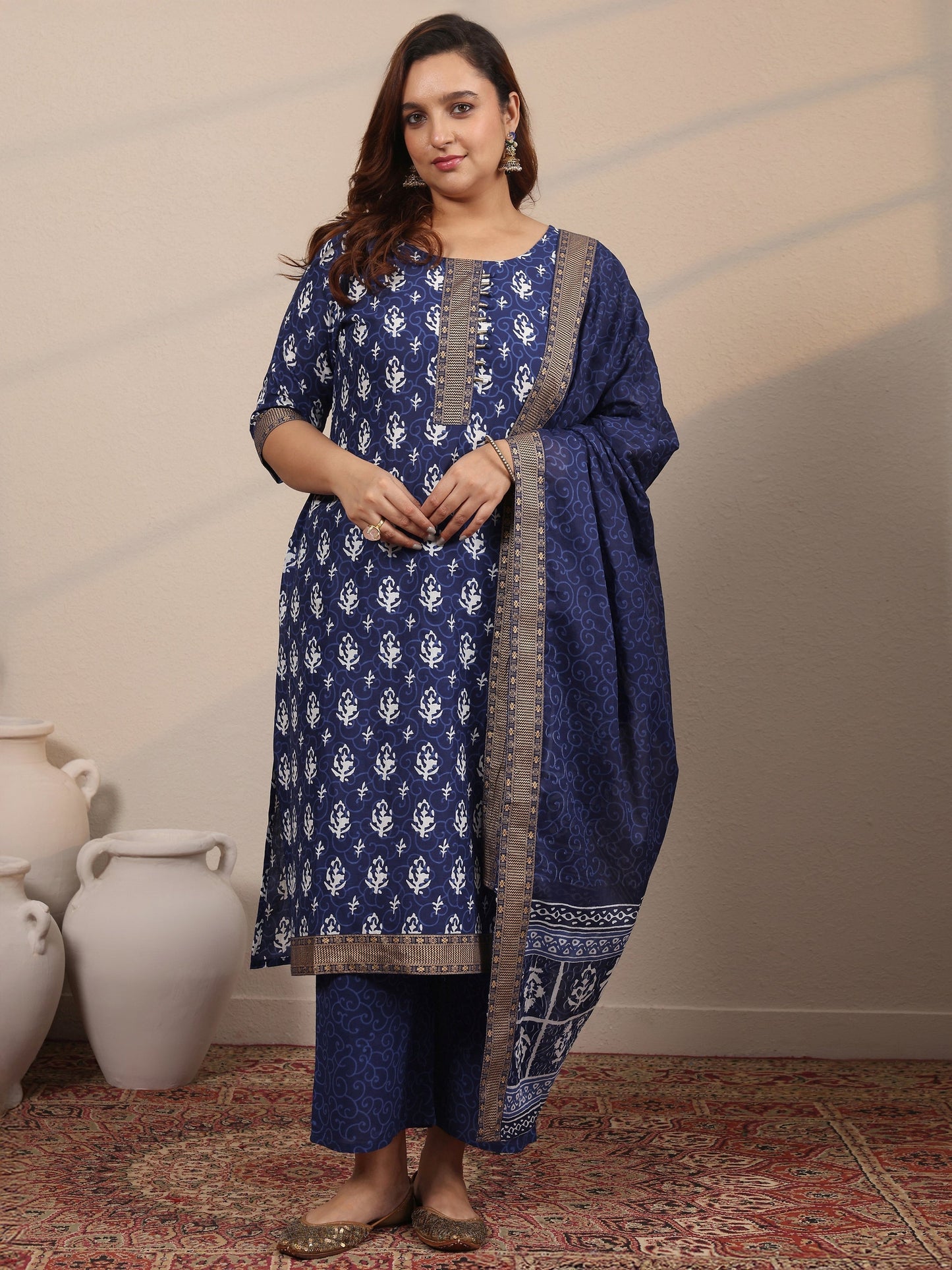 Plus Size Blue Printed Cotton Straight Suit Set With Dupatta