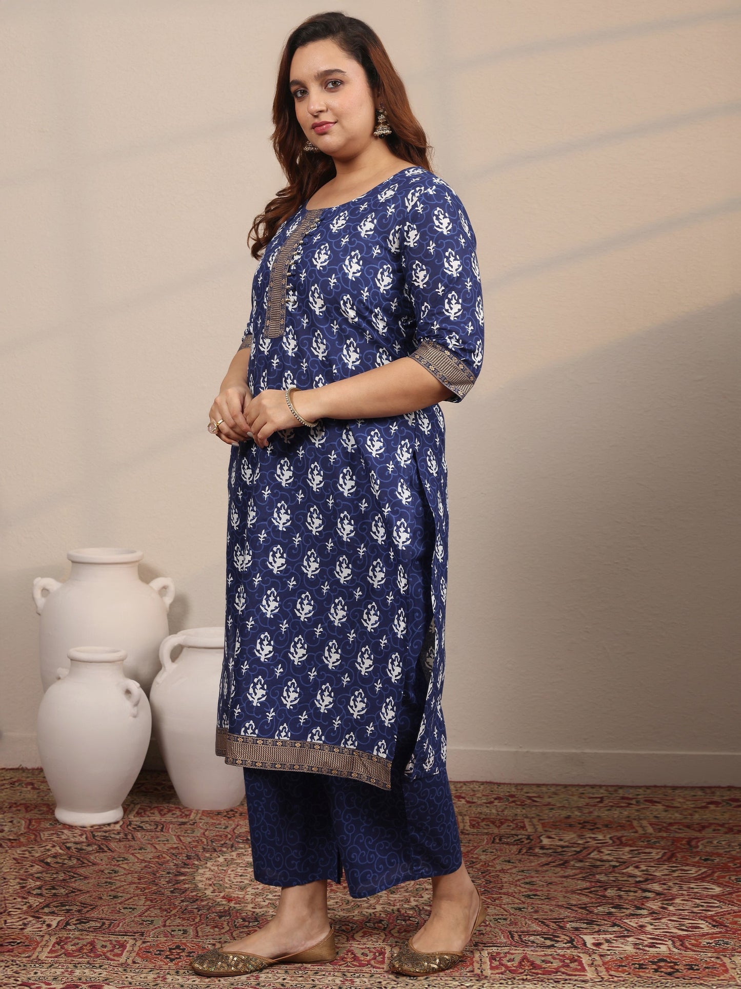 Plus Size Blue Printed Cotton Straight Suit Set With Dupatta