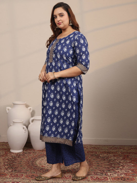 Plus Size Blue Printed Cotton Straight Suit Set With Dupatta