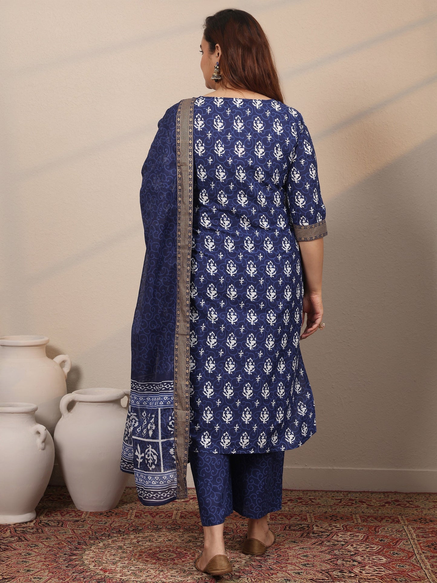 Plus Size Blue Printed Cotton Straight Suit Set With Dupatta
