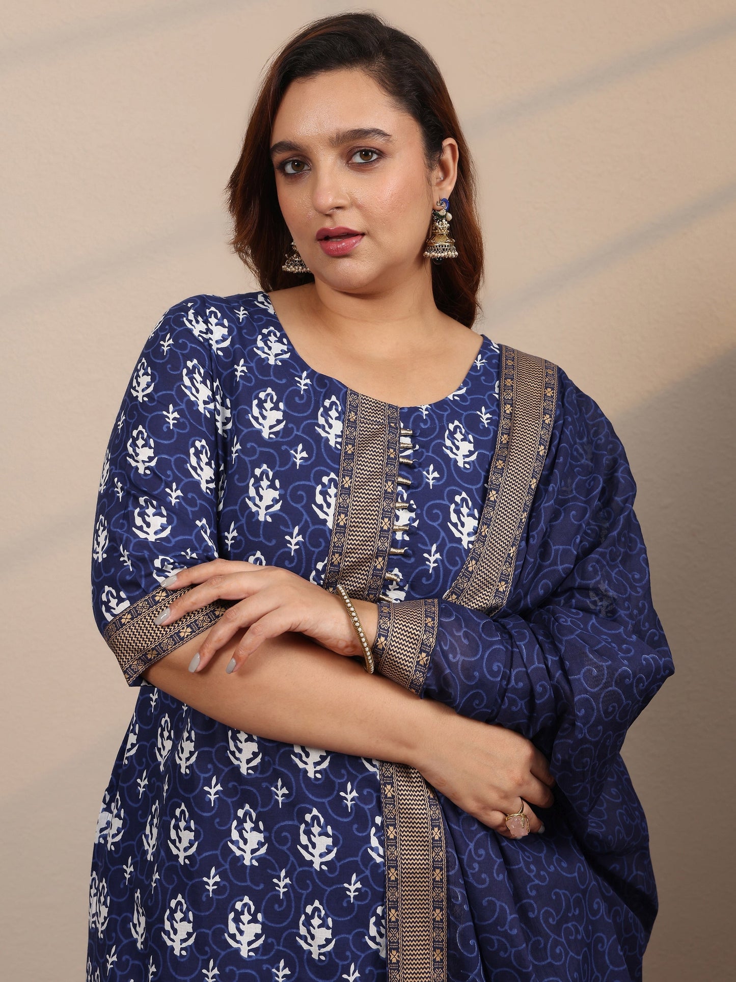 Plus Size Blue Printed Cotton Straight Suit Set With Dupatta