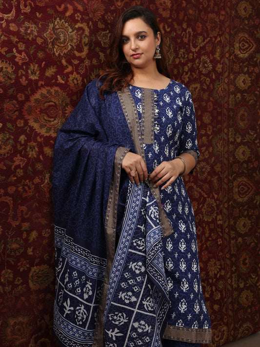 Plus Size Blue Printed Cotton Straight Suit Set With Dupatta
