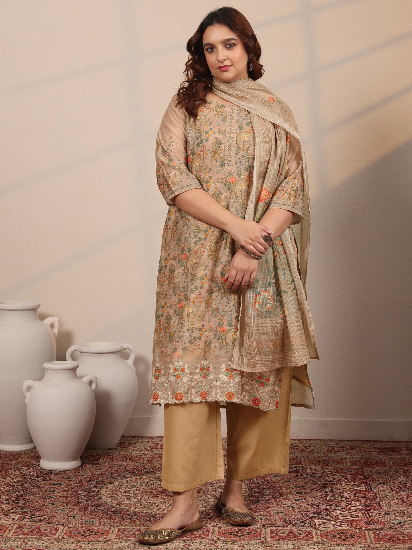 Plus Size Tan Printed Silk Blend Straight Suit Set With Dupatta