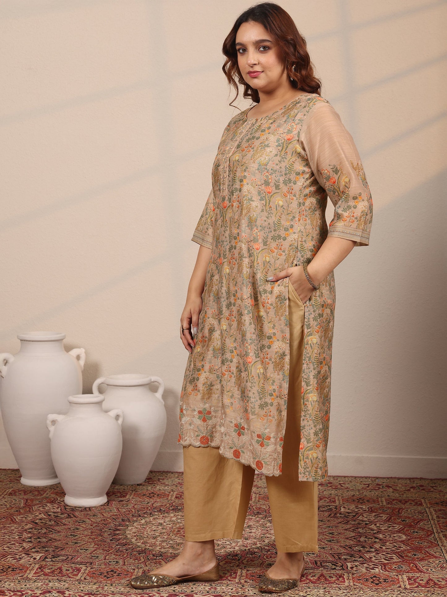 Plus Size Tan Printed Silk Blend Straight Suit Set With Dupatta