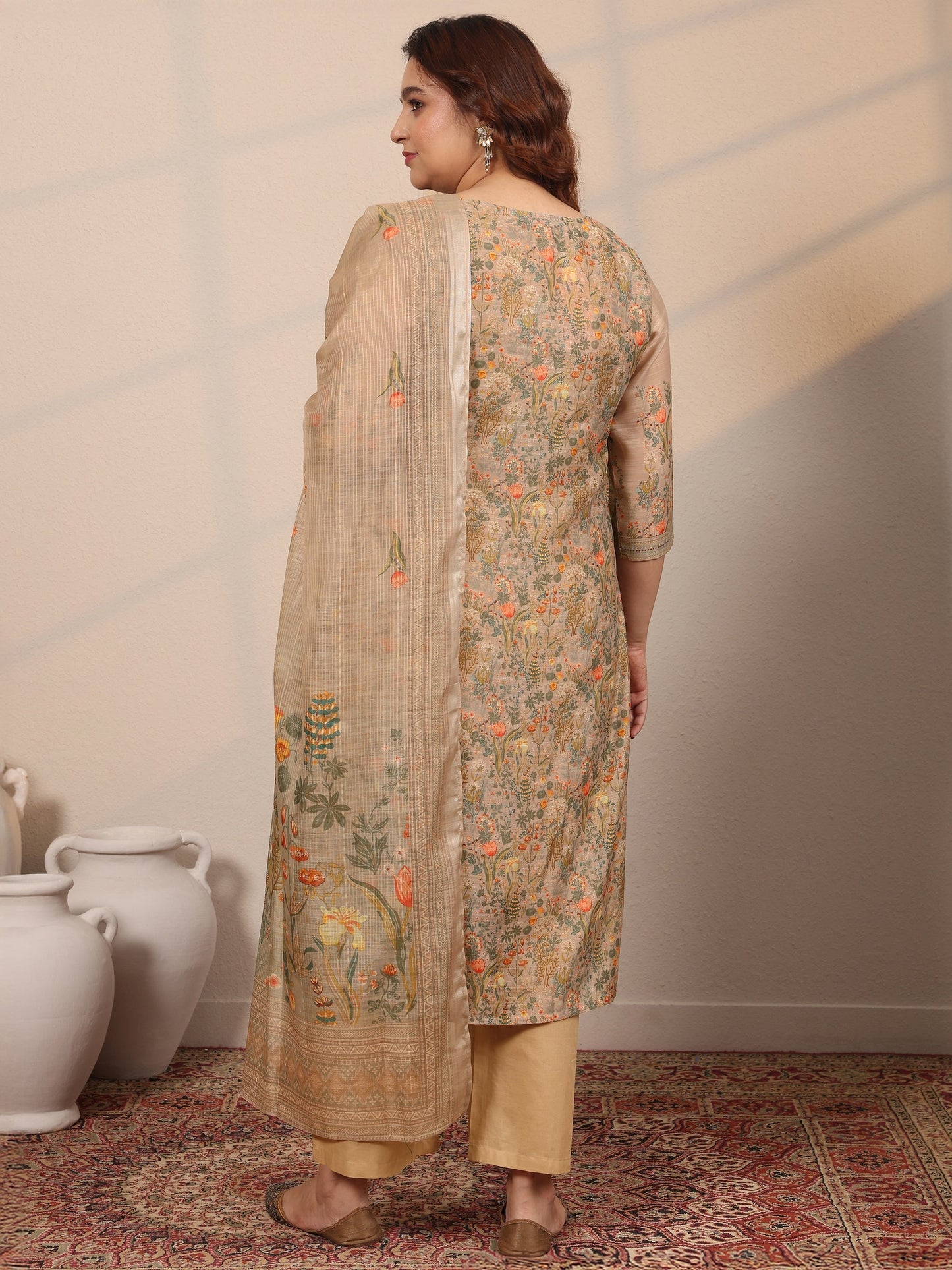 Plus Size Tan Printed Silk Blend Straight Suit Set With Dupatta