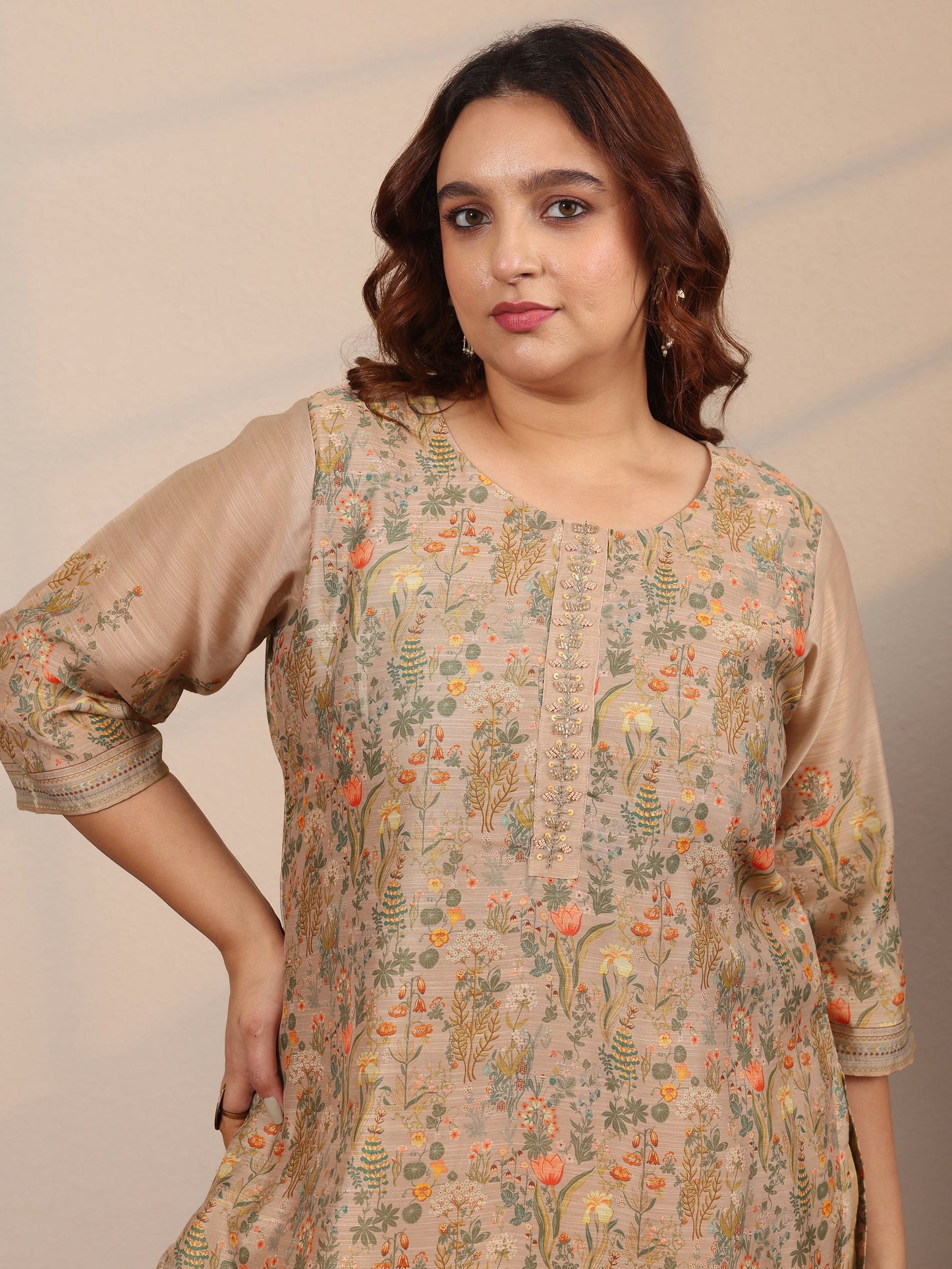 Plus Size Tan Printed Silk Blend Straight Suit Set With Dupatta