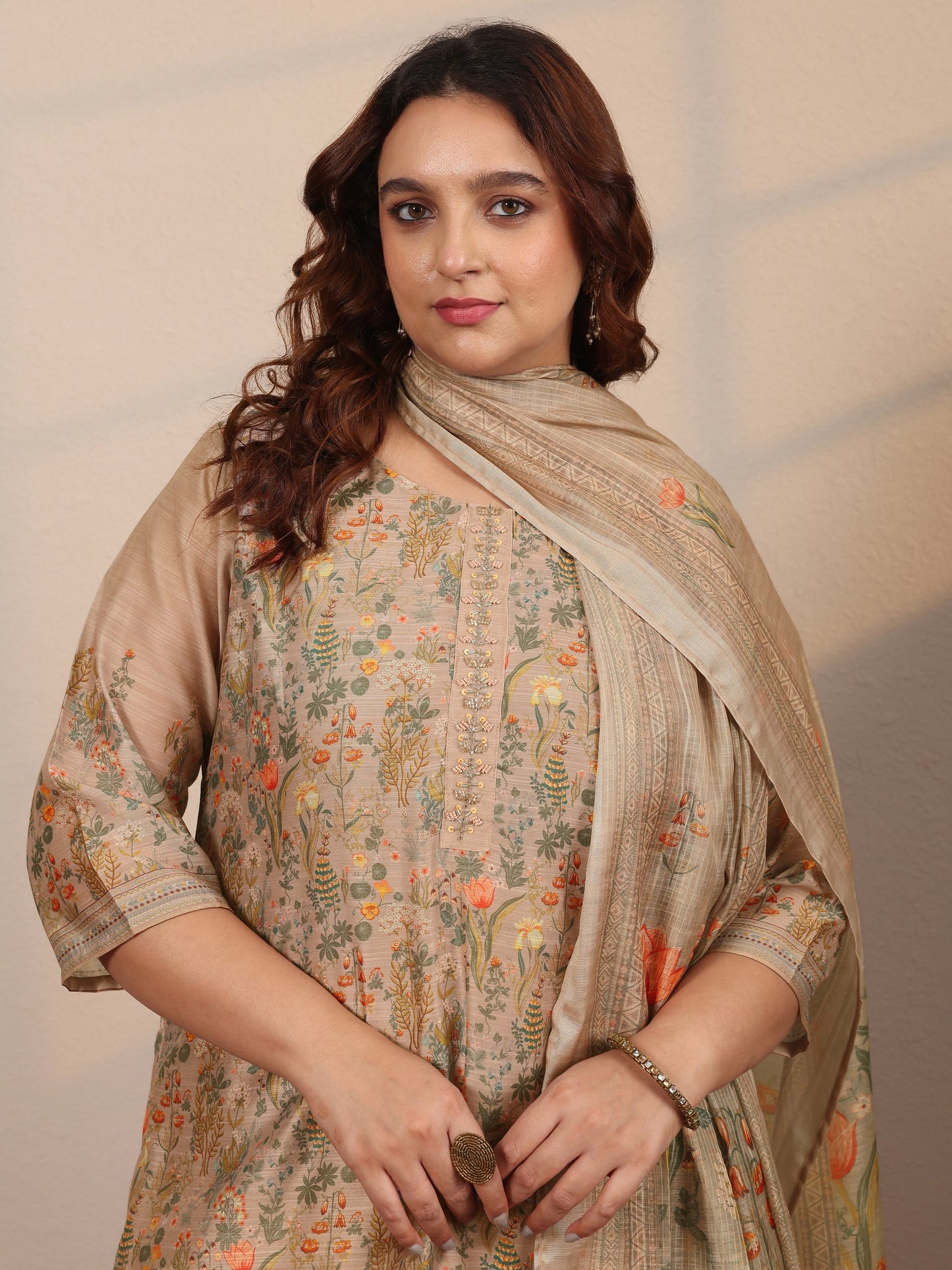 Plus Size Tan Printed Silk Blend Straight Suit Set With Dupatta