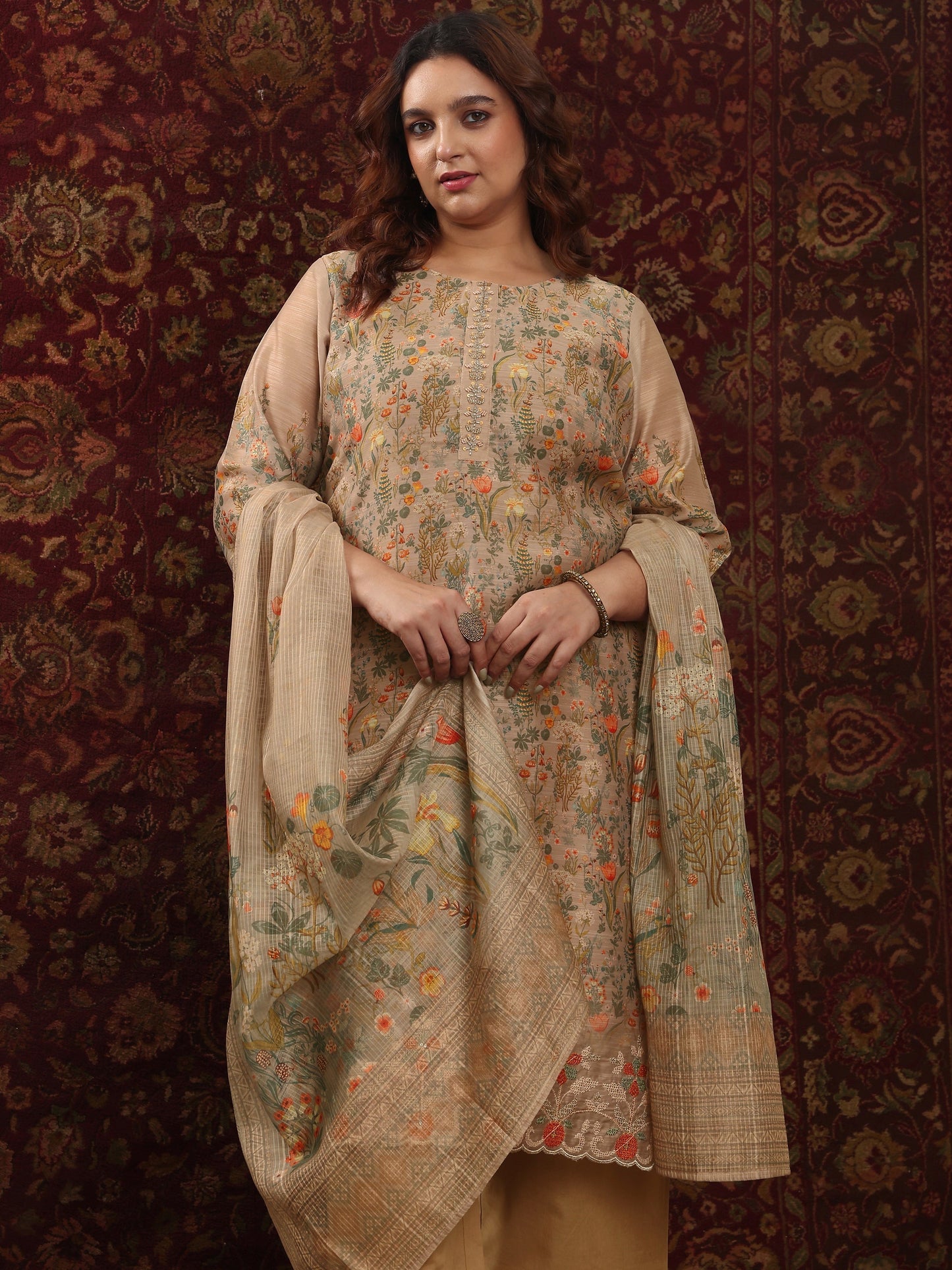 Plus Size Tan Printed Silk Blend Straight Suit Set With Dupatta