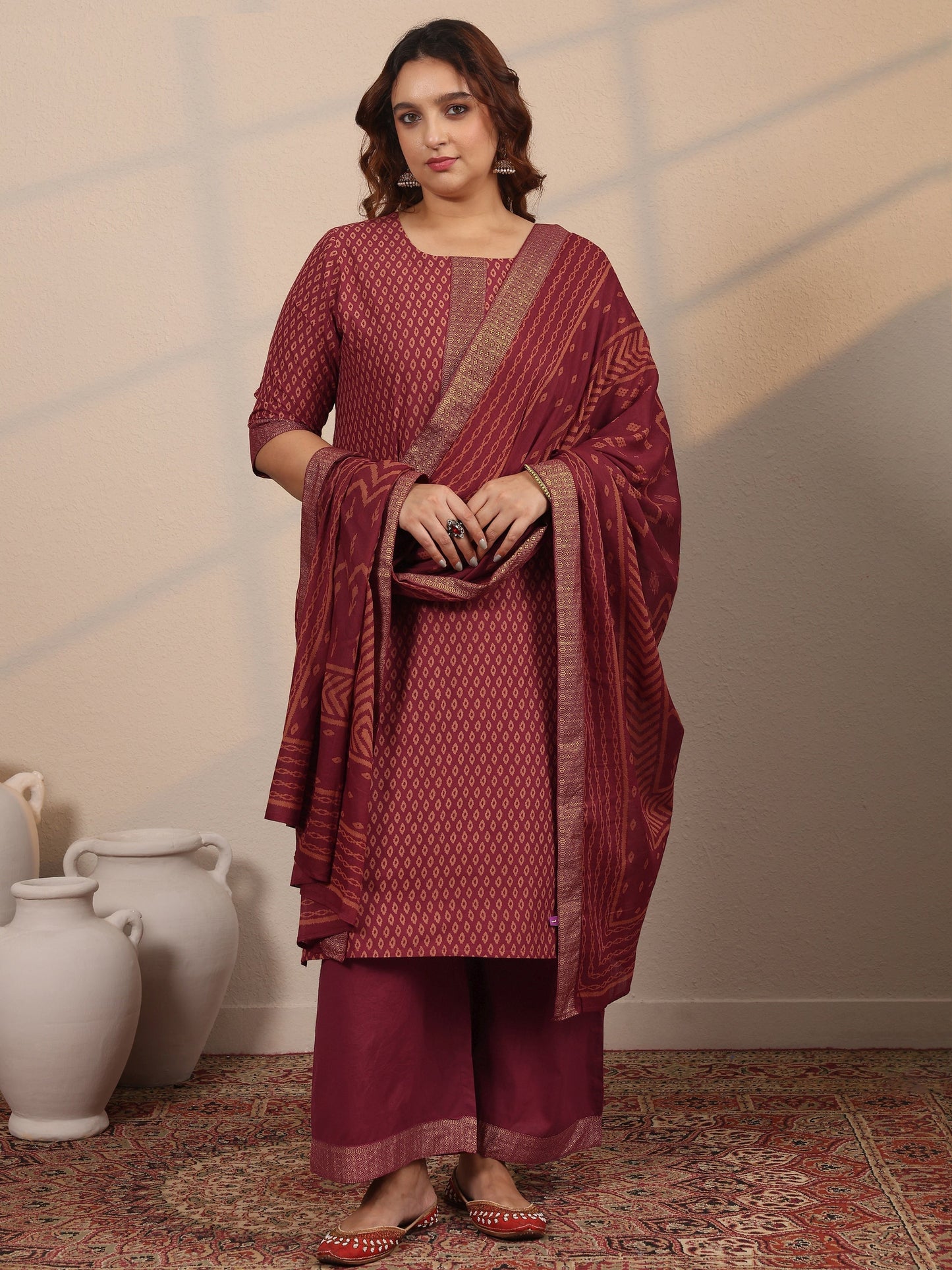 Plus Size Maroon Printed Cotton Straight Suit Set With Dupatta