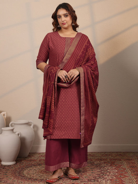 Plus Size Maroon Printed Cotton Straight Suit Set With Dupatta