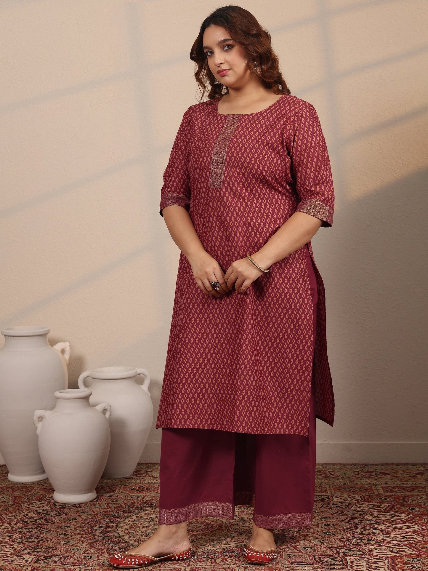 Plus Size Maroon Printed Cotton Straight Suit Set With Dupatta
