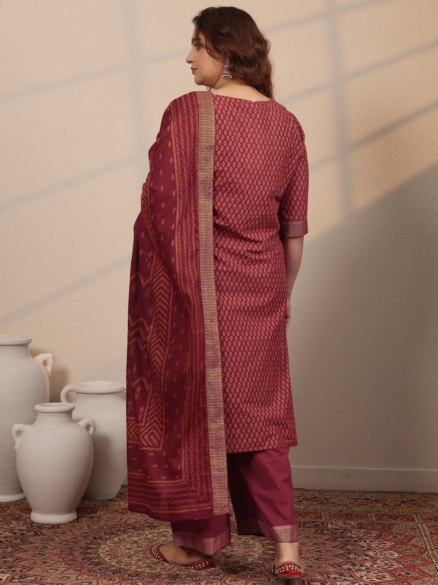 Plus Size Maroon Printed Cotton Straight Suit Set With Dupatta