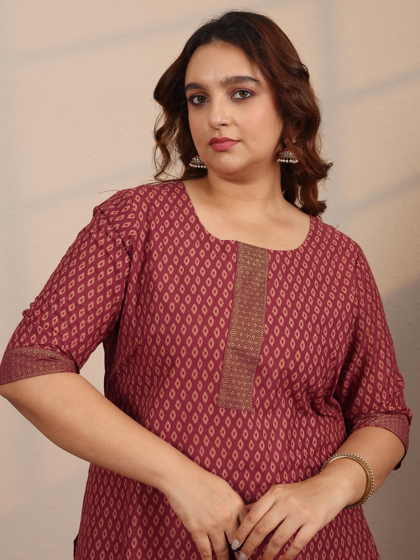 Plus Size Maroon Printed Cotton Straight Suit Set With Dupatta