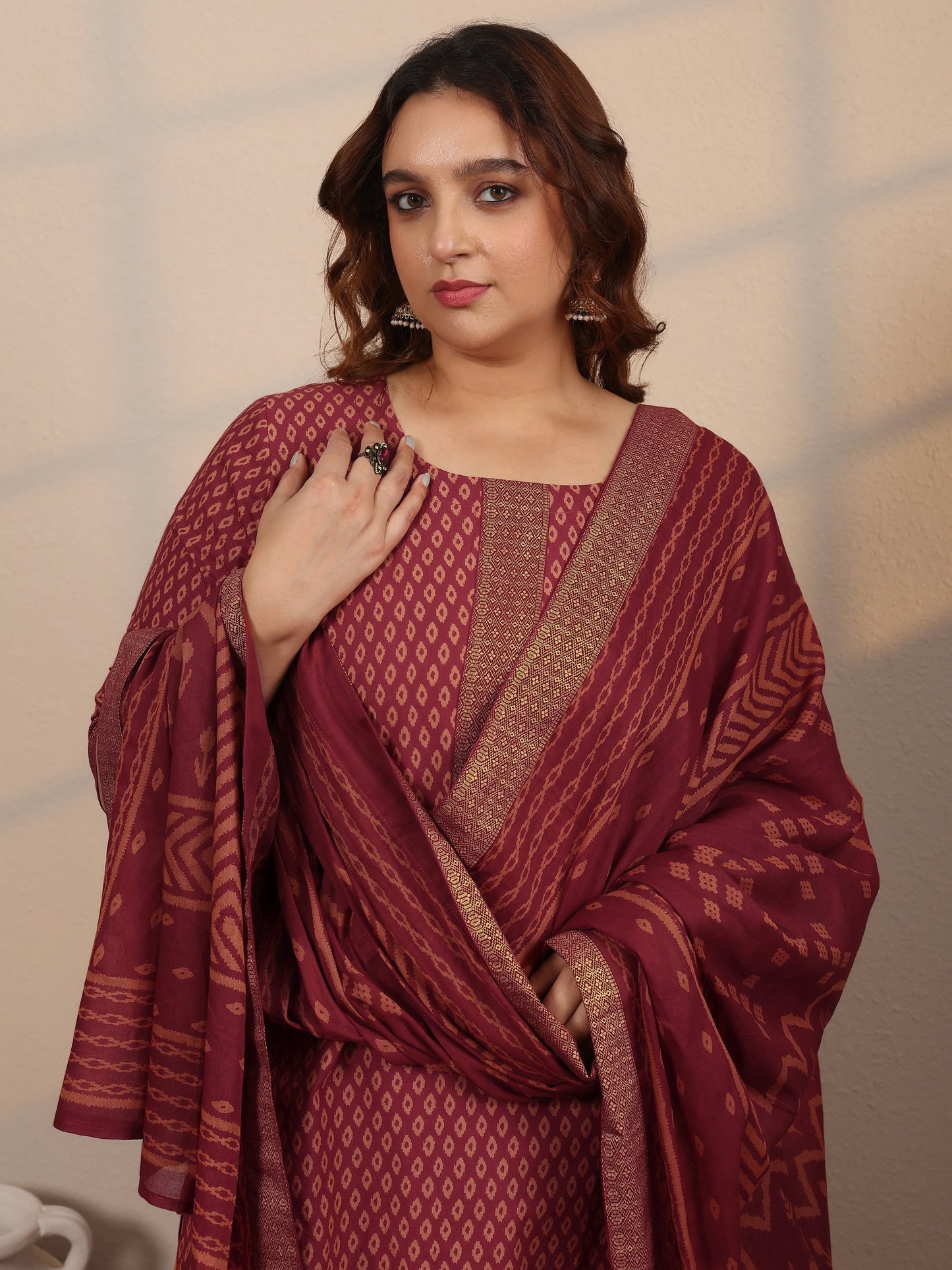 Plus Size Maroon Printed Cotton Straight Suit Set With Dupatta