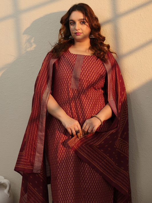 Plus Size Maroon Printed Cotton Straight Suit Set With Dupatta