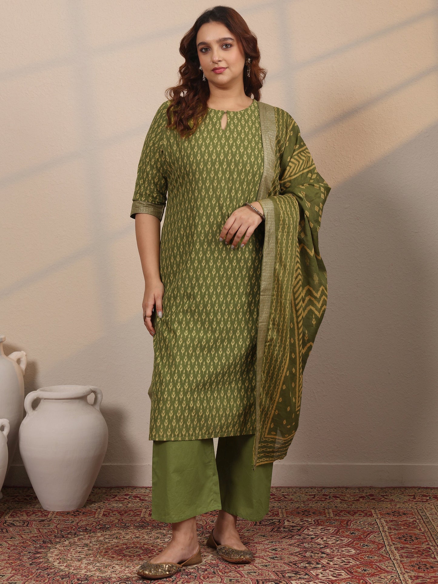 Plus Size Green Printed Cotton Straight Suit Set With Dupatta
